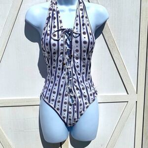 Orion Deep V Lace Up Front One Piece Swim Suit In White Navy Multi